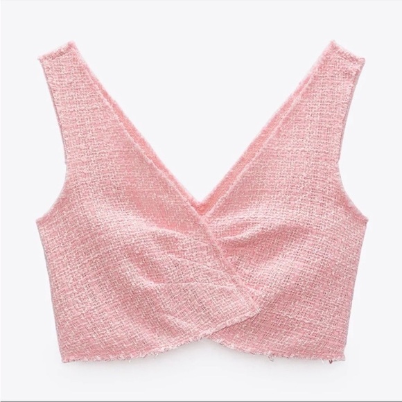 Zara Pink Tweed Top Tank Crop Cropped Fringe S - Picture 1 of 10